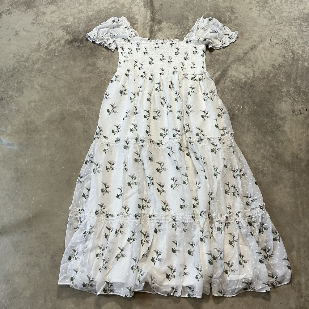 OPT Cypress Dress Womens Size XL White Floral Smocked Top Puff Sleeve Midi